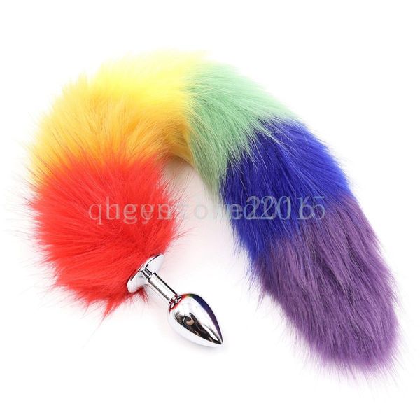 Juguetes anales Fluffy Rainbow Fur Fox Tail Plug Cosplay Animal PET Tails Steel Head Roleplay # R87