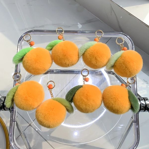 Porte-clés en fourrure de lapin Rex moelleux, mignon, peluche douce mandarine, sac pour femmes, jouets bibelot orange, pendentif haut de gamme en métal, porte-clés de voiture 240122