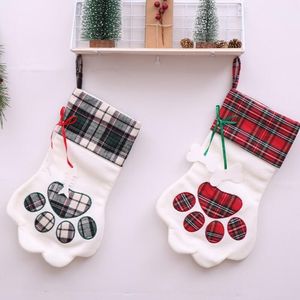Pluizig Santa Sokken Kerst Huisdier Dog Plaid Paw Stocking Opknoping Open haard Kerstboom Kerstdecoratie