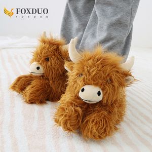 Slippers duvelutes Hiver Cow Highland Boches en peluche Slipper Home Soft Warm Home Indoor Mignon Cartoon Furry Diapositives pour femmes hommes 2 3345