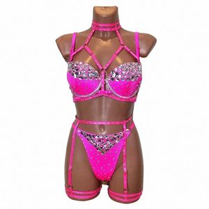 Fluorescence Rose Rhinestes Bikini Pole Dance Costume Discothèque Bar Gogo Dancer Performance Wear Dj Ds Rave Outfit VDB7575 o2yX #