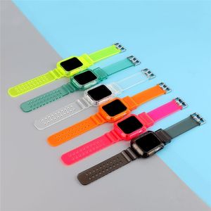 Bracelet de montre en TPU souple transparent de couleur fluorescente avec cadre de boîtier de protection complet à armure robuste pour Apple Watchs iWatch 38/40 mm 42/44 mm