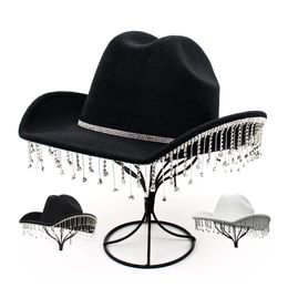 Fluorescerende kleurrijke Tassel dames cowboy hoed strass franje zwart westerse cowgirl hoeden bruid kristal vaste feestjurk hoeden 240428