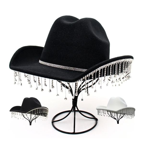 Fluorescent coloré pavillon femme cowboy chapeau raminestone frange noir western cowgirl chapeaux mariée cristal solide robe de fête chapeaux 240428