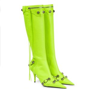 Fluorescent Green Boots Black Leather Belt Buckle Rivet Knee High Boots Woman Pointed Toe Tassel Zipper Decor Motorcycle Long Botas