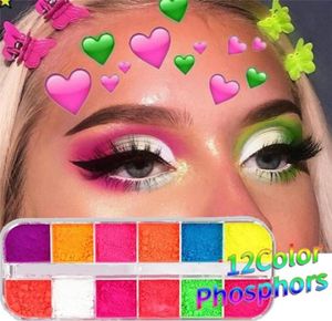 Fluorescerende neonpigment oogschaduw make-uppalet Glitter Shimmer Oogschaduw Gezicht Lichaam Nail Art Cosmetica Gereedschap 12 kleurenBox9445354