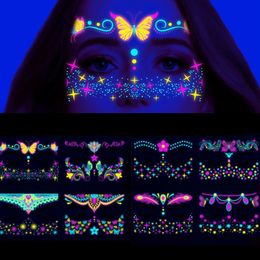 Fluorescerende waterdichte gezichtstattoosticker Tijdelijke gezichtssticker voor Halloween Muziekconcert Party Nachtclub Make-uptatoeages 240309