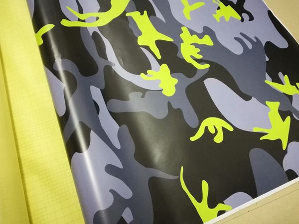 Envoltura de vinilo de camuflaje ártico urbano amarillo negro gris fluorescente con burbujas de aire Gráficos de camuflaje de nieve gratis Etiqueta engomada del coche 1.52x3 0m / 5x98ft