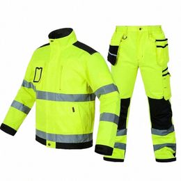 Costume de protection du travail jaune fluorescent, bande réfléchissante haute visibilité, uniforme de travail de sécurité multi-poches, combinaison de travail Cstructi W6LE #