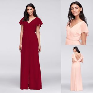 Vestido de dama de honor de chifón arrugado con mangas onduladas W11446 Vestido de fiesta de boda sexy con espalda abierta hasta el suelo de corte A por debajo de 100