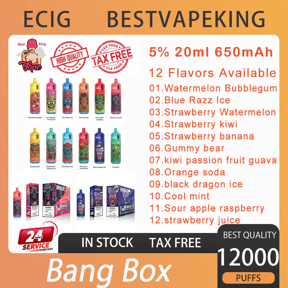 Original Bang Box 12000 Puffs Disposable E Cigarette Vape Pen 20ml puff LED light color kit 650mAh Battery 5% Strength Vapor Kit 12 Flavors Available VS RM Tornado 7k 9k