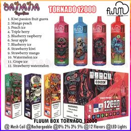 Fluum Box Tornado 12 000 bouffées de cigarettes électroniques jetables LED lumières bobine de maille stylo vape rechargeable 20 ml cartouches de dosettes pré-remplies batterie 650 mAh 12 saveurs