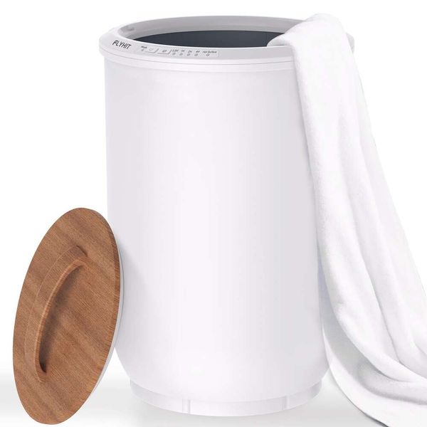 FLYHIT Chauffage de salle de bain – Couvercle en bois, seau chauffant pour serviettes, fermeture automatique, convient pour deux serviettes extra larges de 40 x 70 pouces, choix idéal