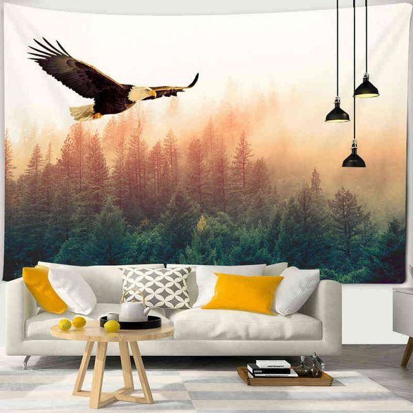 Flying Bald Eagle Forest Tapiz Psicodélico Animal Búho Leopardo Colgante de pared Decoración del hogar Tela Alfombra Fondo J220804