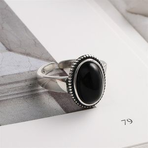 Bagues en Onyx noir pour femmes, en argent Sterling 925 véritable, bijoux fins, anneau ouvert, Vintage, pierre naturelle 100%, cadeau pour mères
