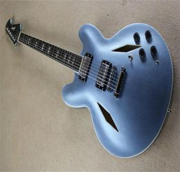 Flyoung DG335 Corps mince Semi Hollow Jazz Electric Guitar Light Metal Blue Noir Match Matching Leather5508446