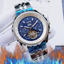 Flywheel Fashion Skeleton Full Reloj de acero inoxidable para hombre Famoso diseñador All Dial Work Relojes de lujo Top European Crime Gift Reloj de pulsera