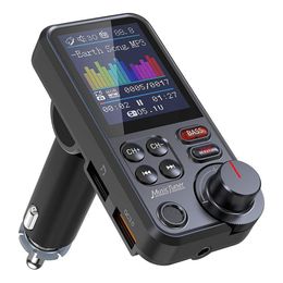 Transmisor FM Bluetooth para automóvil Adaptador de automóvil con micrófono fuerte con pantalla a color de 1.8 "para llamadas con manos libres Admite carga QC3.0 Sonido agudo y bajo Reproductor de música