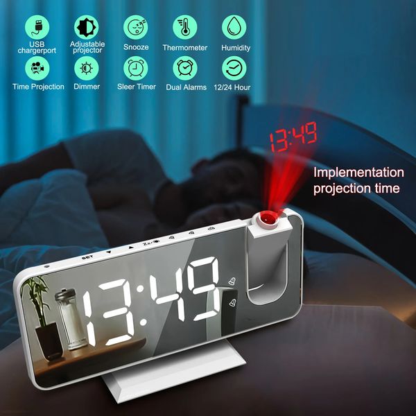 Radio FM LED Digital Reloj despertador inteligente Mesa de reloj Relojes electrónicos de escritorio Reloj despertador USB con proyección de tiempo de 180 ° Posponer 240318