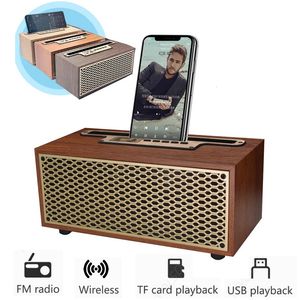 FM Vintage Grain de bois Bluetooth Ser TWS caisson de basses sans fil extérieur Portable Radio cadeau stéréo support de téléphone Portable 240126