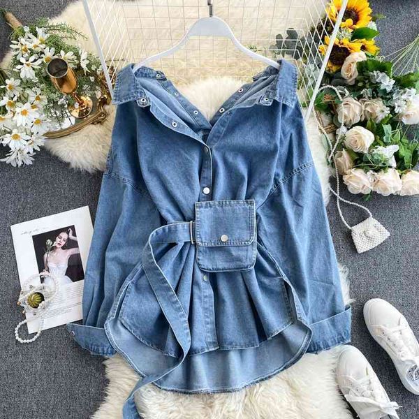 FMFSSOM printemps été femmes solide Denim robe femme poche avec ceinture Slim robe dames simple boutonnage Vintage robes 201025