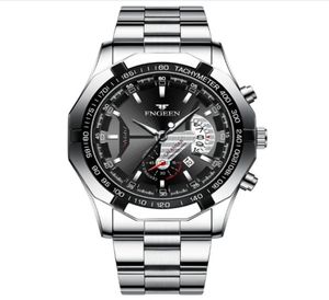 Fngeen Brand White Steel Quartz Mens HETPES Crystal Glass Watch Date de 44 mm de diamètre de diamètre élégant.