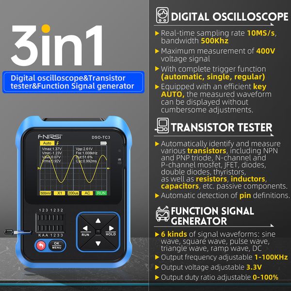 FNIRSI DSO-TC3 Testeur de transistor à oscilloscope numérique portable 3-en-1 Tension de capacité de support de support LCR détecter PWM OUT
