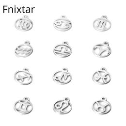 Fnixtar 10 8 13 4mm Acero inoxidable Doce Zodiaco Metal Charms Constelación DIY para mujeres Fabricación de joyas Mini Charms 12pcs lot271Y