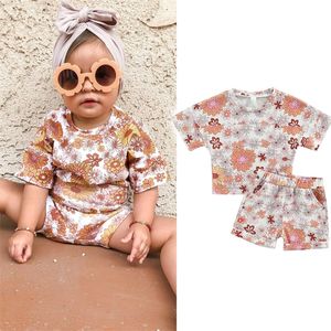 Focusnorm 0 4y zomer mooie babymeisjes kleren sets 2 stks zonnebloemen bedrukte korte mouw t shirts elastische shorts 220620