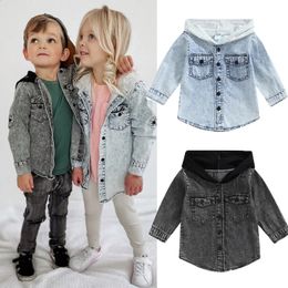 Focusnorm – manteau d'automne pour garçons et filles de 0 à 5 ans, 2 couleurs, Denim uni, manches longues, simple boutonnage, vestes à capuche en Patchwork, 240202