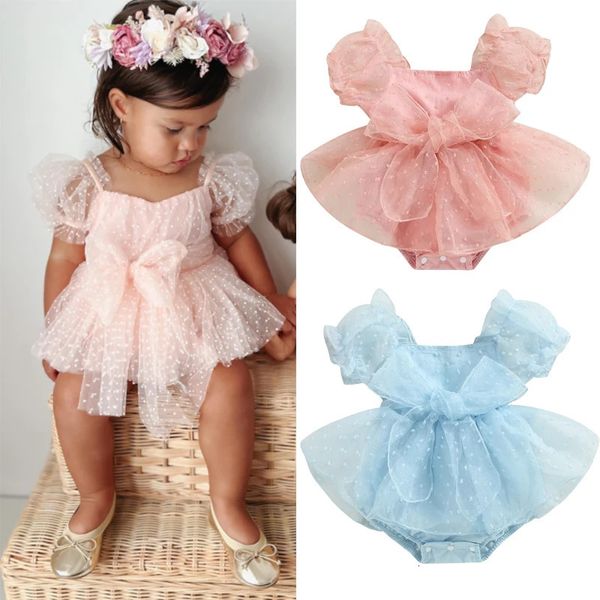 Focusnorm – robe princesse pour petites filles, barboteuse douce, manches courtes bouffantes, maille à pois, combinaison Tutu en dentelle avec nœud papillon, 018M, 240118