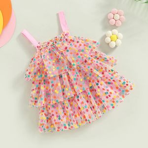 FOCUSNORM 04Y bébé enfants filles robe de princesse sans manches points colorés imprimé dentelle maille couche robe d'été 240228