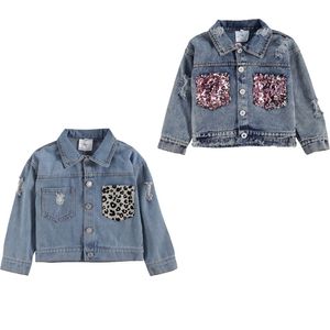 Focusnorm 1-6y Moda Infant Baby Girls Denim Chaqueta Leopardo / Lentejuelas Estampado Manga larga Abrigos azules de un solo pecho 2 Estilo 211204