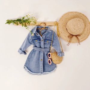 Focusnorm – robe en Denim pour petites filles de 1 à 6 ans, à la mode, avec ceinture, en Denim bleu, manches longues, simple boutonnage, robe trapèze, 240130