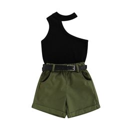 Focusnorm 1 6y Summer Fashion Little Girls 2pcs kleding zet schouder halter stevige vest tops hoge taille shorts met riem 220620