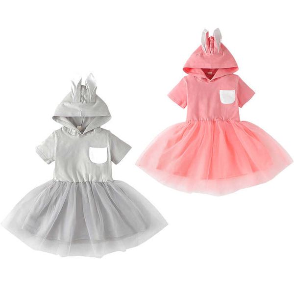 Focusnorm 1-6Y Été Belle Enfants Filles Robe Solide À Capuche Lapin Oreille Maille Épissage Poche Tutu Robe Q0716