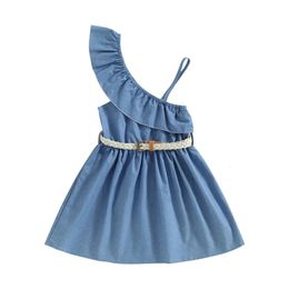 Focusnorm – jolie robe pour filles de 15 ans, asymétrique épaule dénudée, à volants, couleur unie, vacances avec ceinture, 240226