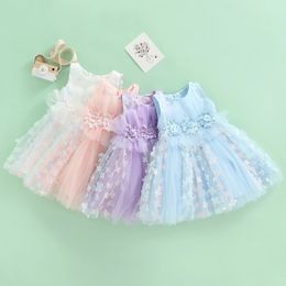 Focusnorm 16y Kids Girls TULLE Princess Dress 4 Colors Mouwess Flower Lace Tutu voor feest 240403