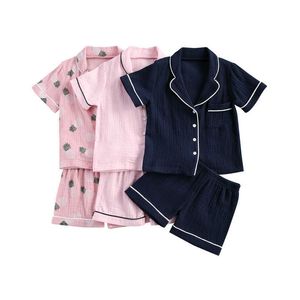 Focusnorm 2-7Y Été Bébé Filles Garçons Pyjama Ensembles Motif Imprimer Manches courtes Chemises à poitrine unique Tops Shorts 2pcs 210908