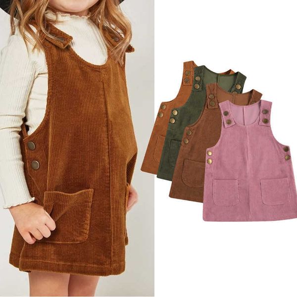 Focusnorm Automne Printemps Enfants Filles Belle Salopette Robe Solide Bouton Poche Velours Côtelé Droite Mini Robe D'été 4 Couleurs 0-4Y Q0716