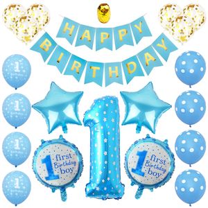 FOIL BALLOONS Verjaardagsfeest Decoratie Eerste verjaardagsmeisje Boy Ballon Happy-Birthday Banner en Ballon Pink Blue Set voor leeftijd 1 M088E