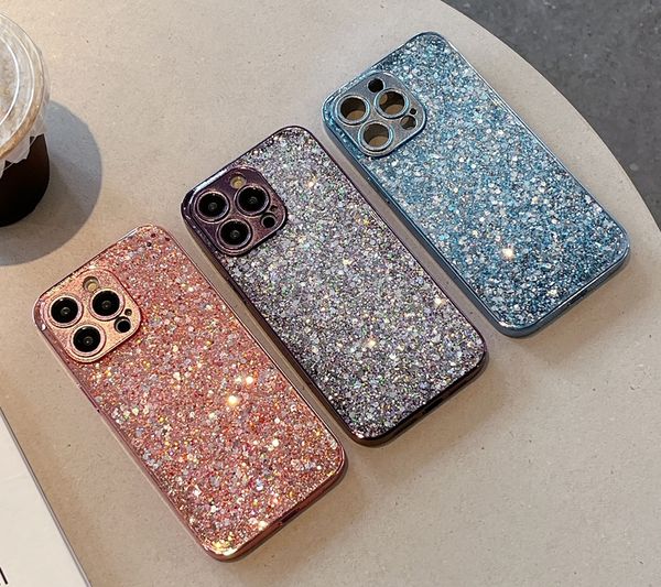 Cajas cromadas de lentejuelas de confeti de lámina de lujo para Iphone 15 Plus 14 13 Pro MAX 12 11 Moda Agujero fino PC duro Acrílico Suave TPU Bling Glitter Sparkle Teléfono celular Contraportada