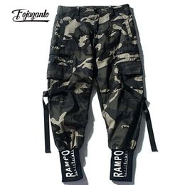 FOJAGANTO Camuflaje Pantalones de carga Hombres Joggers Causal Hip Hop Pantalones Sueltos Cordón Tamaño grande Masculino 210715