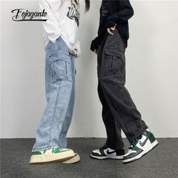 Fojaganto Celana Jeans Pria Celana Jeans Lebar Lurus Dicuci Retro Jepang Longgar Pasangan Saku Besar Celana Denim Jalanan Hip Hop Pria 220817