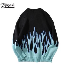 FOJAGANTO Hombres Invierno Otoño Suéter suelto Harajuku Oversize Hip Hop Jersey Streetwear Casual Blue Flame Male 211006