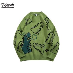Suéter FOJAGANTO para hombre, ropa informal estilo Hip Hop de punto Harajuku, suéter de dibujos animados de dinosaurios, suéteres informales de gran tamaño con cuello redondo para parejas de hombres 211018
