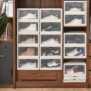 Fold Sneakers Box Boîte à chaussures en plastique transparent trempé Armoire empilable Boîte de rangement High-top Chaussures anti-poussière Organisateurs Porte-chaussures L230705