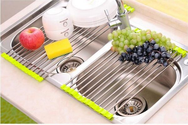 Escurridor plegable de acero inoxidable 201 para platos, escurridor de cubiertos, fregadero de cocina, soporte de secado para cuencos, frutas y verduras