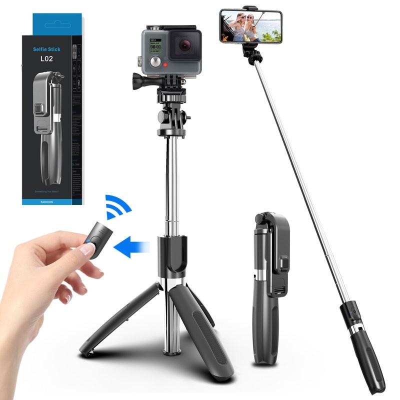 Dobrável e monopodos Universal L02 Bluetooth Wireless Selfie Stick Tripé para smartphones GoPro Sports Action Camers