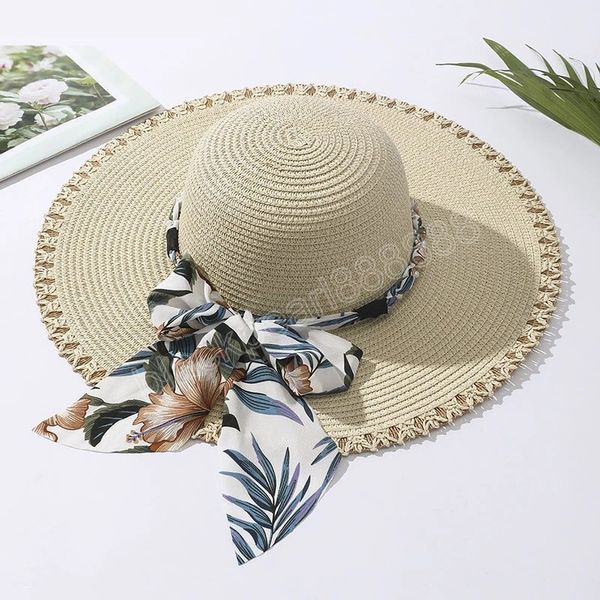 Sombreros de playa plegables de ala grande para mujer, bufanda estampada a la moda, sombrero para el sol, sombreros de paja de verano, sombrillas, venta al por mayor